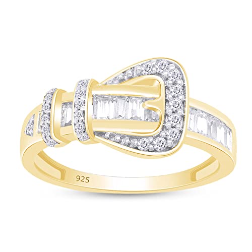 Baguette & Round White Cubic Zirconia Belt Buckle Band Ring for Women, 14K Gold Over Sterling Silver Statement Ring, Dainty CZ Jewelry Gift