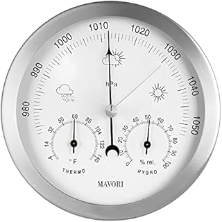 MAVORI® 3in1 Weather Station Analog - Barometer, Hygrometer & Thermometer for Indoor - Ø 13,5cm Stainless Steel Frame with Acrylic Glass - Great Barometers for Home - Barometric Pressure Gauge