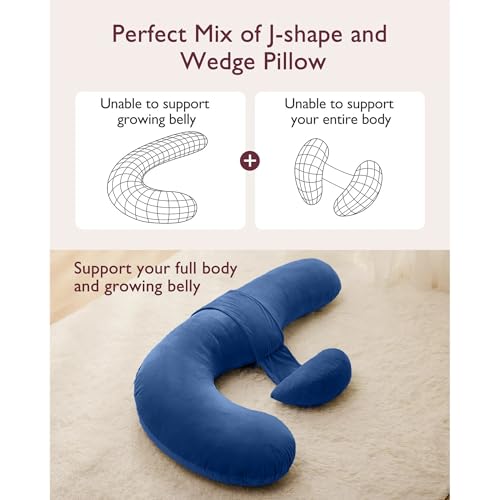 Image of J-Shaped Sleeping Pregnancy Pillow| Removable Velvet Covers| PregnoCare Fibres| Baby Shower Gift, Maternity, Nursing| Full Body Soft-Support Bump, Head, Back, Shoulder, Hips, Legs and Belly (Blue)
