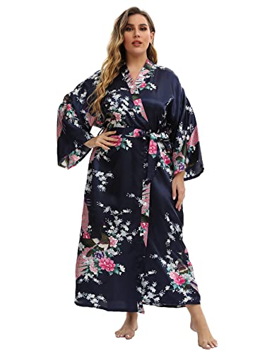 Image of Women's Floral Long Satin Robes Plus Size Long Silk Robes Peacock Floral Kimonos Sleepwear Dressing Gown