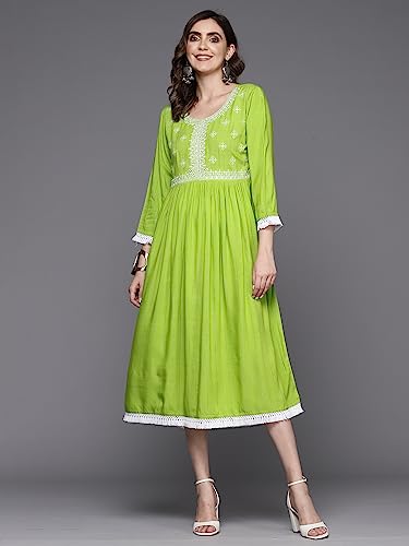 Image of INDO ERA Women's Midi A-Line Striped Viscose Rayon Ethnic Dress for Women