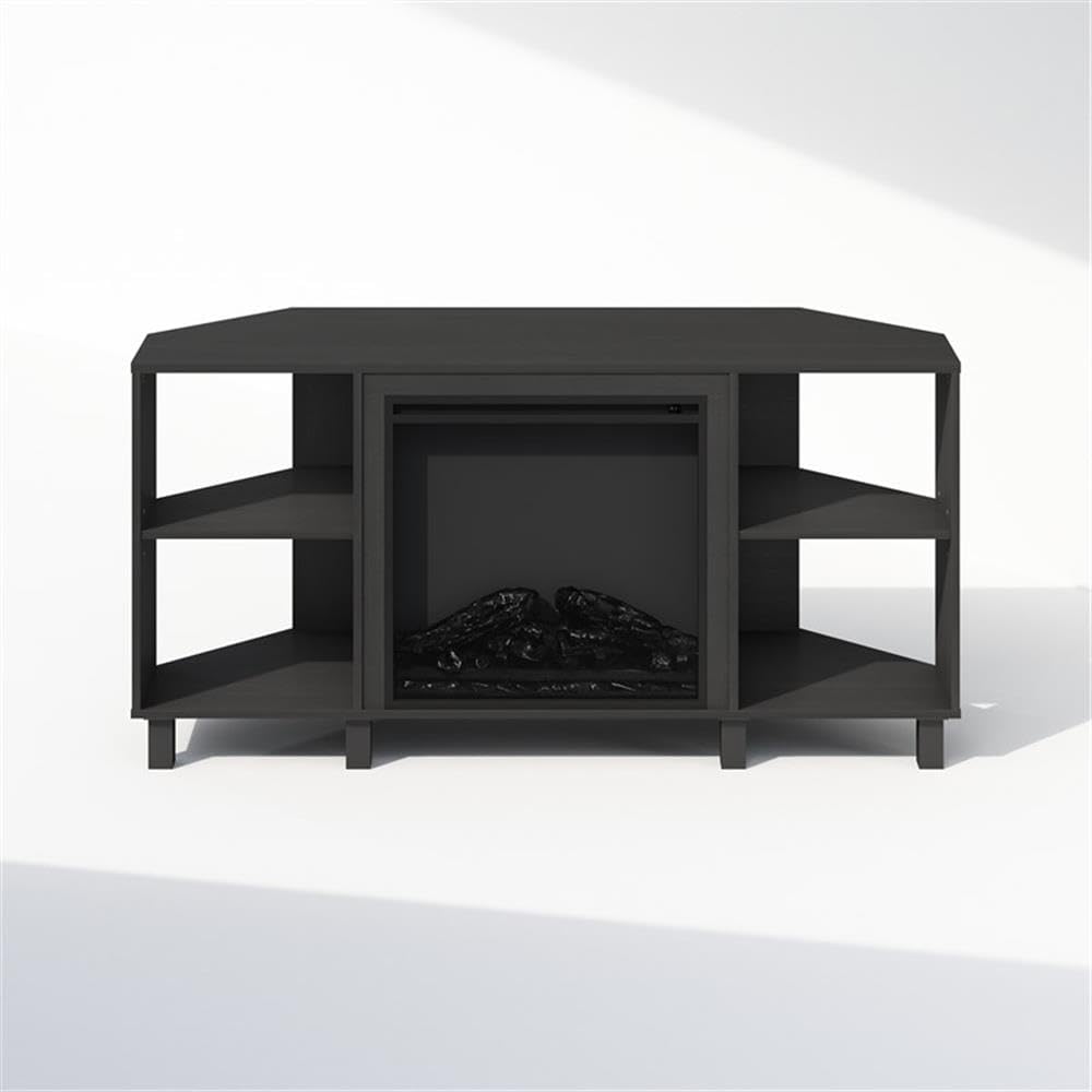 Pemberly Row Decorative Electric Fireplace Corner TV Stand, 46.54 in Wide, Composite Wood, Americano Finish, Fits TVs up to 55 in, Open Storage Shelves, Lifelike Flame Effect, Living Room Furniture