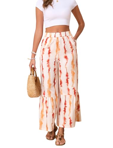 Boho Palazzo Pants for Women Wide Leg Lounge Beach Summer Trousers Elastic Waisted with Pockets Pants Yellow Stripes L