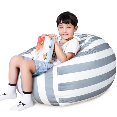 Lukeight Stuffed Animal Storage Bean Bag Chair Cover (No Filling) for Kids, Zipper Beanbag Chair Cover for Organizing Toddler and Kids’ Rooms Plush Toys (Gray+White Velvet, Large)