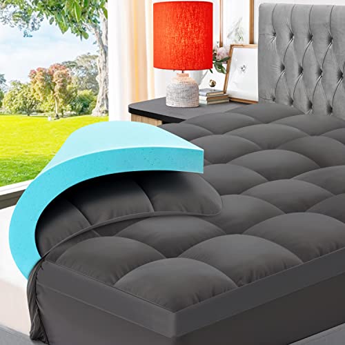 ELEMUSE Gray Memory Foam Mattress Topper with Fluffy Pillow Top Cover, Mattress Topper Kingsize Bed for Back Pain Relief, with OEKO-TEX & CertiPUR-US (King-150x200cm)