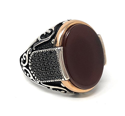 KAR New 925K Sterling Silver Red Agate (Aqeeq) Stone Men's Ring w/Zircon Stone K61U (9)