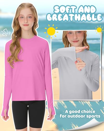 Image of 3 Pack Girls Rash Guard Swim Shirts 5-14Y UV Sun Protection Long Sleeve Thumb Hole Quick Dry T-Shirts UPF 50+ Tees