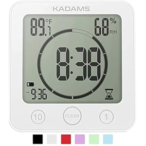 KADAMS Digital Bathroom Shower Kitchen Clock Timer with Alarm, Waterproof for Water Splashes, Visual Countdown Timer, Time Management Tool, Indoor Temperature Humidity, Suction Cup, Hole Stand – White
