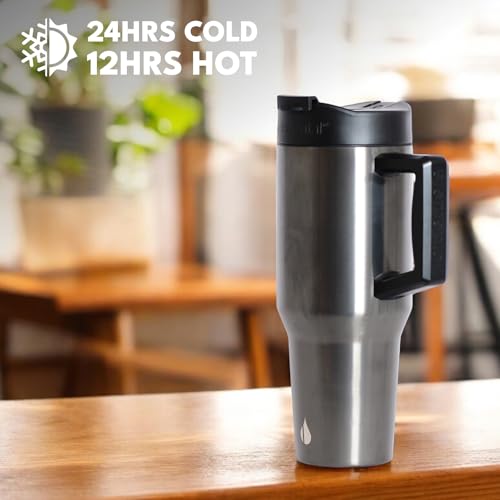 Image of Elemental 100% Leak Proof 32oz Tumbler with Handle & Straw Travel Mug | Stainless Steel Double Wall Insulated Tumbler for Hot and Cold Beverages with Sip & Straw Lid