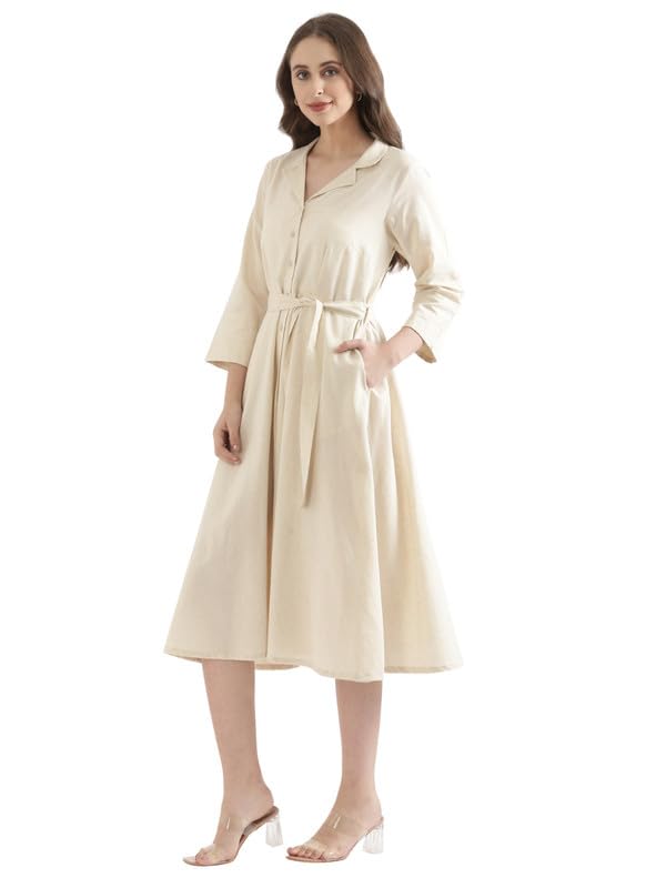 Image of SAADAA Women Cotton-Linen Blend Flared Dress | Midi Dress with 3 /4 Sleeves, Adjustable Waist Belt & Pockets | Below Knee Casual Dress for Office, Travel & Everyday Wear