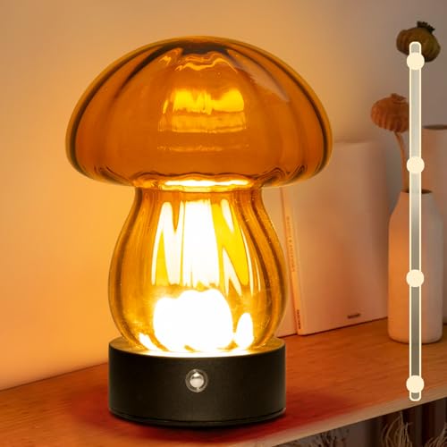 Mushroom Lamp Battery Operated Table Lamp with LED Beads Glass Shade Rechargeable Cordless Lamp Touch Control 3 Color Dimmable Bedside Lamp, Small Nightstand Lamp for Power Outage Bedroom（Walnut）