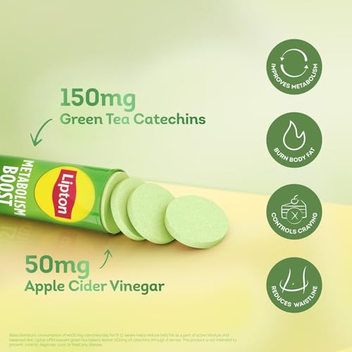 Image of Lipton Metabolism Boost with 150mg Green Tea Catechins and 50mg ACV (Apple Cider Vinegar) | For Weight Loss & Fat Burn | Zero Calories | 16N Effervescent Tablets | Green Apple Flavour