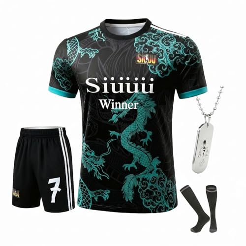 Kids Soccer Jersey Uniform Set #7 | Complete 4-Piece Kit with Shirt Shorts Socks & Player Necklace for Boys & Girls (Green-C.R.NO.7-Dragon 9-10 Years)