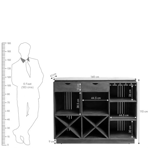 Image of The Attic Carlston Bar Cabinet for Home, Hard and Soft Drinks Bar Storage Cabinet, Wine Whisky Scotch, Solid Mango Wood, Black Matte Finish with Ceramic Marble Top
