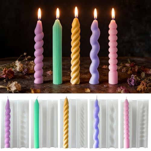 LIKEYO 5 PCS Taper Candle Mold - Pillar Long Strip Candle Molds 3D Silicone Wax Candlestick Making Supplies Thread Wave Twisted Strip Beaded Candlestick Casting Forms for Soap Home Decor