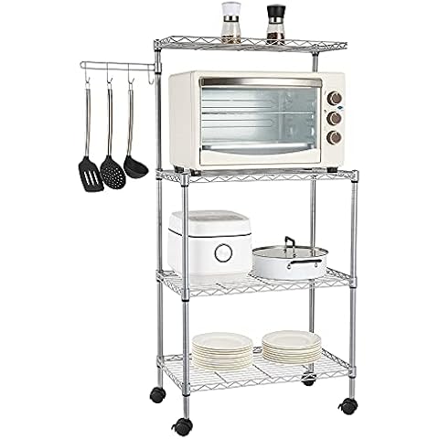 WEI WEI GLOBAL 4-Tier Standing Baker’s Racks, Kitchen Microwave Stand Metal Utility Storage Shelf with Wheels and Hooks Cover