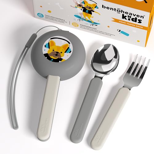 Image of Bentoheaven Kids Travel Utensils with Case, Food-Grade Stainless Steel & BPA-Free Plastic, Travel Kid Cutlery Set, Dishwasher Safe Fork, Spoon & Case, Reusable Flatware, Silverware for Kids (Bulldog)