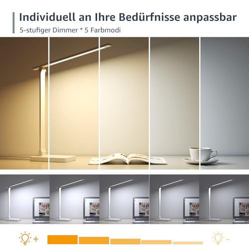 Lepro Schreibtischlampe, LED Tischlampe Dimmbar, Nachttischlampe 800LM 3 Farben und 5 Helligkeitsstufen, Tageslichtlampe Augenschutz, Tischleuchte, Schreibtisch Lampe für Kinder, Büro, Weiß