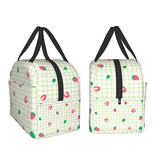 Pubnico 75BOX-PLAID-467459137 Cute Strawberry Green Plaid Lunch Box Bento Box Insulated Lunch Boxes Reusable Waterproof Lunch Bag thumb #3