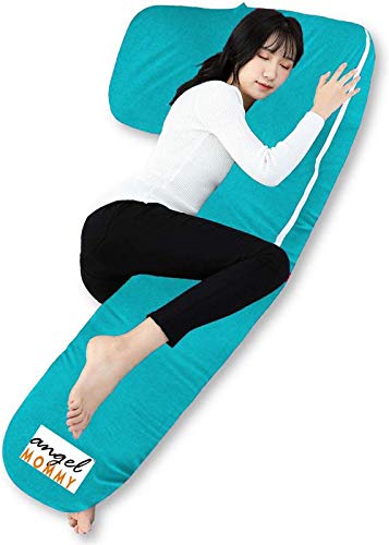 Angel Mommy Pregnancy Body Pillow with Cotton Zippered Cover, L Shaped Full Body Pillow for Pregnant Women (Sea Blue)
