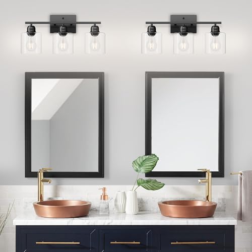 Image of Modern 3 Light Bathroom Light Fixtures, 19 inch Black Vanity Lights For Bathroom With Clear Glass, Bathroom Lighting Fixtures Over Mirror For Mirror Kitchen Living Room Hallway Cabinet Porch