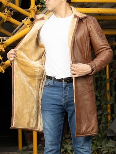 Image of Jild Shearling Leather Trench Coat Men Stand Collar Warm & Stylish Real Lambskin Long Leather Jacket Men Coats Winter