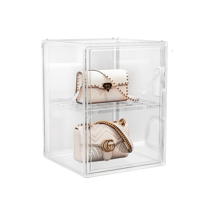 Image of BOHOIDEE X-Large 2 Tiers 14.2 inchX10.6 inchX8 inch Acrylic Display Case with 1 Division Board, Clear Organizer Box Plastic Holder with Magnetic Door for Loungefly Backpack, Handbags, Purses, Boots