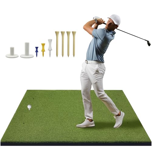 JJM Golf Hitting Mat, 5x4ft Artificial Turf Golf Practice Mat for Golf Outdoor and Indoor Training, Thick Hitting Mat with 9 Golf Balls Tee. Suitable for Golf simulators and Practice nets