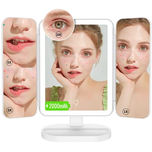 Benbilry Trifold Lighted Vanity Makeup Mirror With 74 Led Lights, 3 Color Lights & Stepless Dimming, 1X/3X/5X/10X Magnification & 2000Mah Rechargeable Magnifying Light Up Mirror, Gift For Women(White) #TOP7