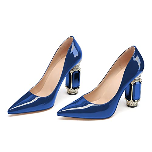 Image of JANSEVEN Women Chunky Heels Pumps Crystal Block Heels with Rhinestones Pointed Toe Sexy Gradient Patent Leather Slip on Bridal Party Wedding Dress Shoes 5-13 M US