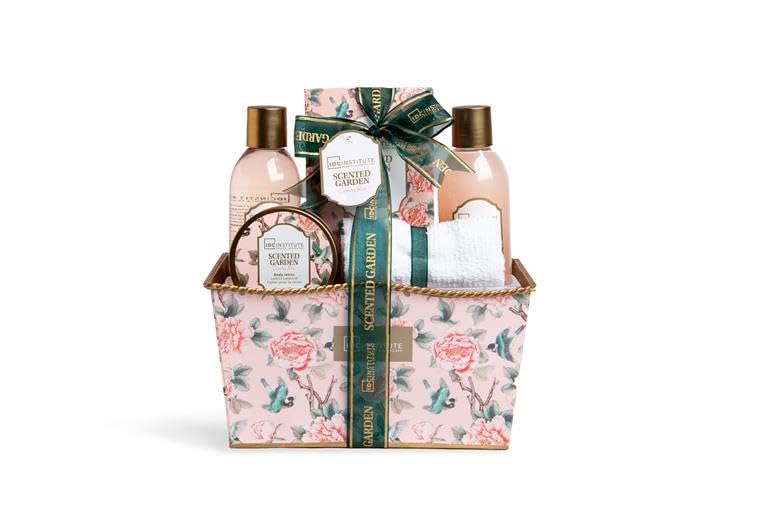 AQUARIUS Juego de cestas de regalo para mujer, juego de baño para mujer, fragancia floral con 6 piezas, cesta de spa de regalo para el hogar con burbujas de loción de gel