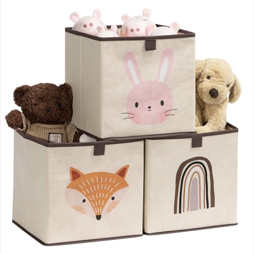 Image of Navaris Kids Storage Cubes Set of 3 - Kids Cube Fabric Organizer Storage Bins - Foldable Cloth Cube for Childrens Bedroom Baby Nursery - Book Toy Bin Cubby Storage - Rabbit & Fox