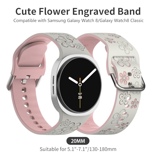 Floral Bands Compatible with Samsung Galaxy Watch 8/8 Classic Band 40mm/44mm/46mm 2025, Cute Soft Flower Engraved Silicone Inlay Dressy Strap for Galaxy Watch 8 40/44mm/8 Classic 46mm Band for Women - image 3
