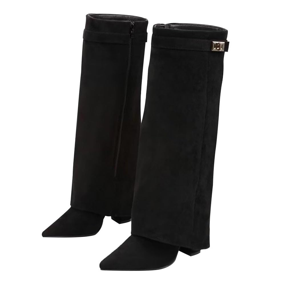 Stiefel Damen Fold Over Boots Spitzer Zehenbereich Plateauabsatz Langschaft Knee High Boots Winter Warme Stiefeletten