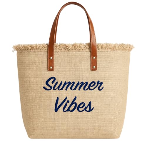 Image of GRECIILOOKS Eco Canvas Boho Tote Bag for Women, Spacious Jute Handbag with Faux Leather Straps, Frayed Edge & Floral Print, Lightweight Shoulder Bag for Beach Travel Shopping Work