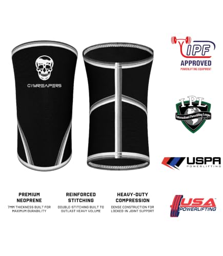 Gymreapers Knee Sleeves (1 Pair) with Gym Bag - IPF Approved - Support Compression Brace for Squats, Fitness, Weightlifting, Cross Training, Powerlifting - 7MM Neoprene Sleeves - For Men & Women (Black/White, Large)