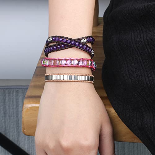 Kelitch Skull Purple Jasper Beads Bracelet For Women Braided Black Leather Bracelets Punk Cuff Bracelets #TOP4