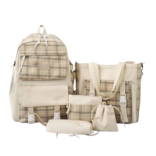 Sac à dos en toile de style japonais pour filles, joli design à carreaux, sac d'école léger avec plusieurs poches, double sac à bandoulière résistant, kaki,...