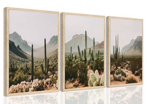 YUFEIART 3 Piece Green Cactus Arizona Framed Wall Art Sonoran Desert Wall Art Mexican Pictures Wall Decor Desert Cactus Landscape Art Print for Living Room Bathroom Bedroom 12'x16'