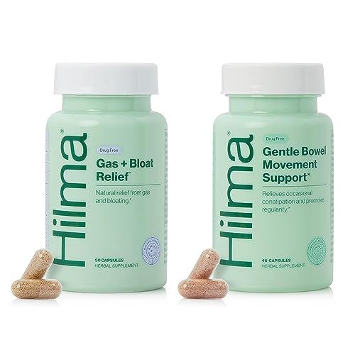 Image of Hilma Daily Gas & Bloat Relief, Occasional Constipation Duo, 96 Vegan Caps | Constipation & Bloating Relief with Lemon & Peppermint 50 ct, and Gentle Bowel Support with Magnesium & Ginger 46 ct