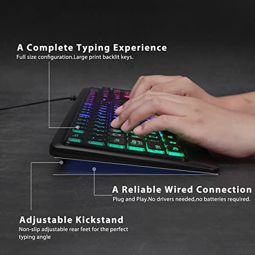 Kopjippom Backlit Wired Keyboard - Large Print Computer Keyboards With Rainbow Backlight, Silent Usb Wired Keyboard, Light Up Keyboard For Computer, Pc, Gaming - Easy To See And Type #TOP3