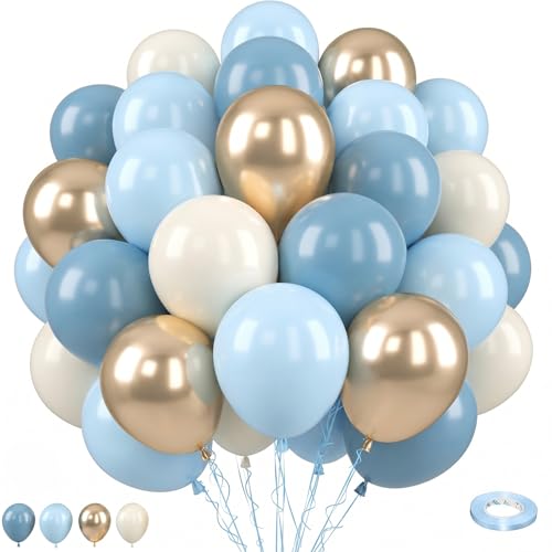Image of Dusty Blue Balloons, 55 PCS 12 Inch Baby Haze Blue Balloon Sand White Balloons with Metallic Gold Balloon for Boho Baby Shower Birthday Wedding Bridal Shower Gender Reveal Party Decorations