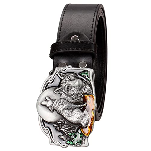 Belt Men,Leather Cowboy Western Casual Belt Wolf Pattern Alloy Buckle European American Hip-Hop2