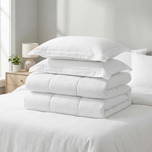 Image of Elegant Comfort Premium Hotel Quality 100% Egyptian Cotton, 3-Piece Stripe Down Alternative Cotton Comforter Set - Box Stitched - Duvet Insert with 4 Corner Tabs, King, White