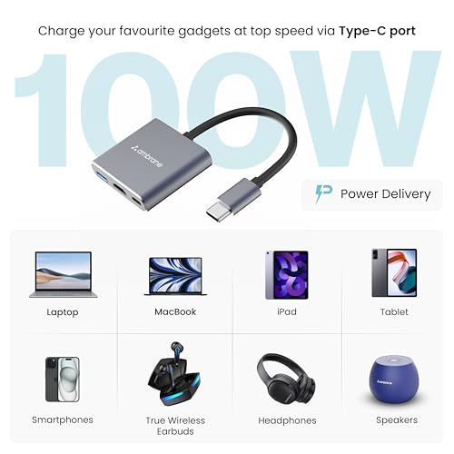 Image of Ambrane 3-in-1 Multiport USB Hub | Type C To HDMI Adapter |Connector| 100W PD Fast Charging Ports | upto 5 Gbps High-Speed Data Transfer for laptops, MacBook, Tablets & Smartphones (E-Hub Pro, Grey)