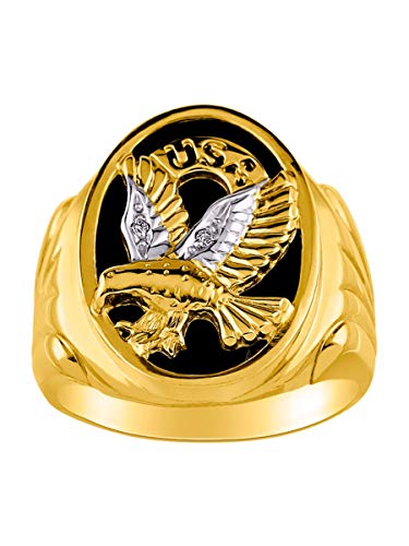 Rylos Men's Patriotic Eagle USA Ring with Diamonds and Onyx, Quartz, or Tiger Eye – Designer Men's Jewelry in Sizes 8-13 in Yellow Gold Plated Silver