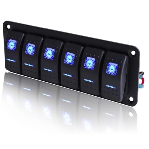 Greluma 1 Pièce Panneau d'interrupteurs à bascule à 6 gangs, interrupteur à bascule pré-câblé marche/arrêt 12 V CC-24 V, interrupteur rétroéclairé bleu pour automobile, bateau, camping-car