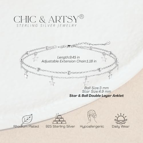 Image of CHIC & ARTSY 925 Sterling Silver Ankle Bracelets for Women, Dainty Adjustable Layered Foot Chains with Symbolic Charms, Boho Beach Everyday Lightweight Jewelry