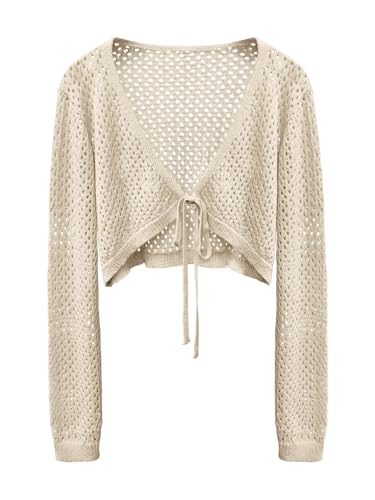 Image of Women's Tie Front Cardigan Shrugs for Dresses Summer Lightweight Crop Top Knit Crochet Sweater Beach Cover Up