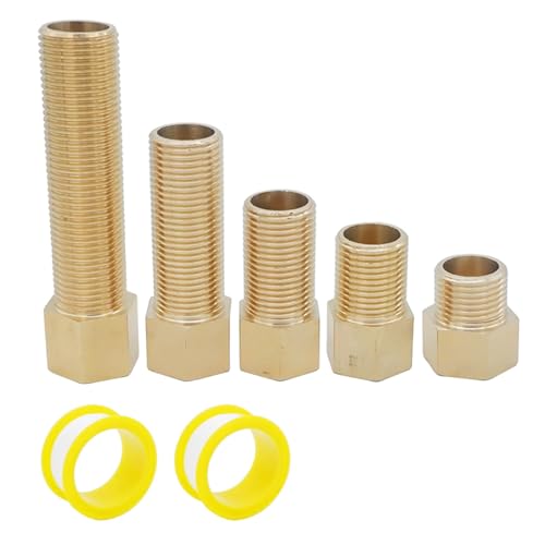 5PCS Extension Brass Pipe Fitting, 1/2\" Female to 1/2\" Male Pipe Hex Bushing Adapter Converter Adapter with Sealing Tape, 30 mm/40 mm/50 mm/70 mm/100 mm